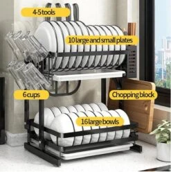 Doogo® Afdruiprek Met Lekbak 2 Laags – Inklapbaar - Muur Hangen Mogelijke - Afwasrek – Met 2 Lekbakken – Extra Accessories Voor Servies En Snijplanken - RVS -Schoonmaakartikelen Winkel 1195x1200 1