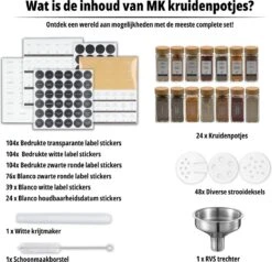 24 Glazen Kruidenpotjes Set Met 3 Soorten Strooideksels – Kruidenstrooier – Compleet Pakket Incl Kruidenpotjes Stickers, Krijtstift En Accessoires - Bamboo Deksel -Schoonmaakartikelen Winkel 1200x1156 6