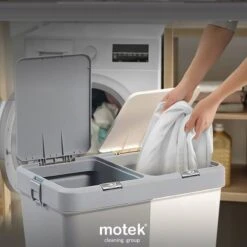 Motek® - Wasmand - 2 Vakken Met Deksel - Met Touch Deksel - Gemaakt Van 100% Gerecycled Kunststof - 80 L - Wasmand Met Deksel - Wassorteerder - Grijs - Wit -Schoonmaakartikelen Winkel 1200x1198 33