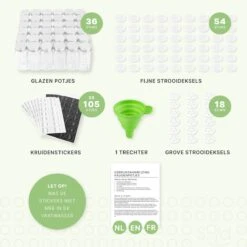 36 Glazen Kruidenpotjes Vierkant Met Deksel - Kruidenstrooier - Complete Set Met Strooideksels, Voorbedrukte Stickers En Trechter - Inhoud 120 Ml - 10,5 X 4,3 Cm -Schoonmaakartikelen Winkel 1200x1200 521