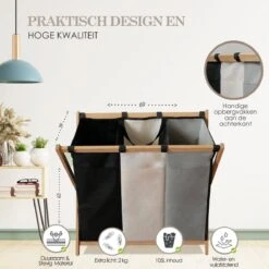MIRI Wasmand 3 Vakken BAMBOE – Wassorteerder – Hout – Opvouwbaar – Wasbox – 105L – Gratis Schroevendraaier – Wasmanden – Laundry Basket -Schoonmaakartikelen Winkel 1200x1200 572