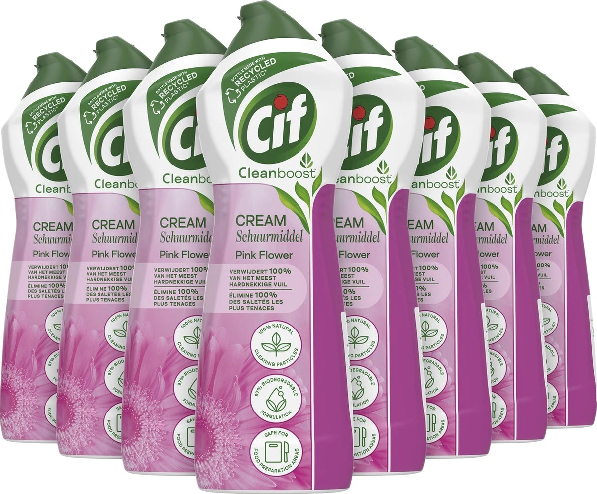 Cif CleanBoost Cream Pink Schuurmiddel - 8 X 750 Ml - Voordeelverpakking 3 Cif CleanBoost Cream Pink Schuurmiddel - 8 X 750 Ml - Voordeelverpakking