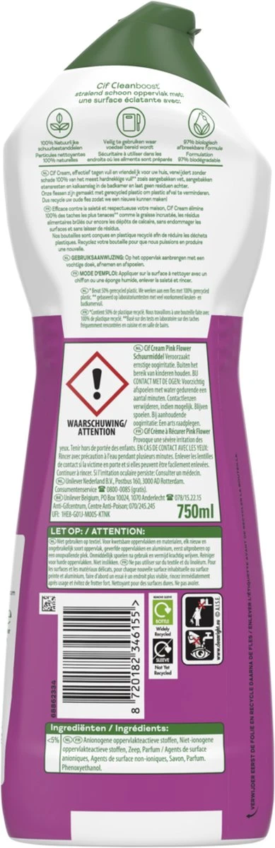 Cif CleanBoost Cream Pink Schuurmiddel - 8 X 750 Ml - Voordeelverpakking 8 Cif CleanBoost Cream Pink Schuurmiddel - 8 X 750 Ml - Voordeelverpakking - Afbeelding 6