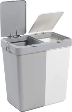 Motek® - Wasmand - 2 Vakken Met Deksel - Met Touch Deksel - Gemaakt Van 100% Gerecycled Kunststof - 80 L - Wasmand Met Deksel - Wassorteerder - Grijs - Wit