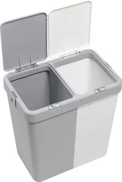 Motek® - Wasmand - 2 Vakken Met Deksel - Met Touch Deksel - Gemaakt Van 100% Gerecycled Kunststof - 80 L - Wasmand Met Deksel - Wassorteerder - Grijs - Wit -Schoonmaakartikelen Winkel 806x1200