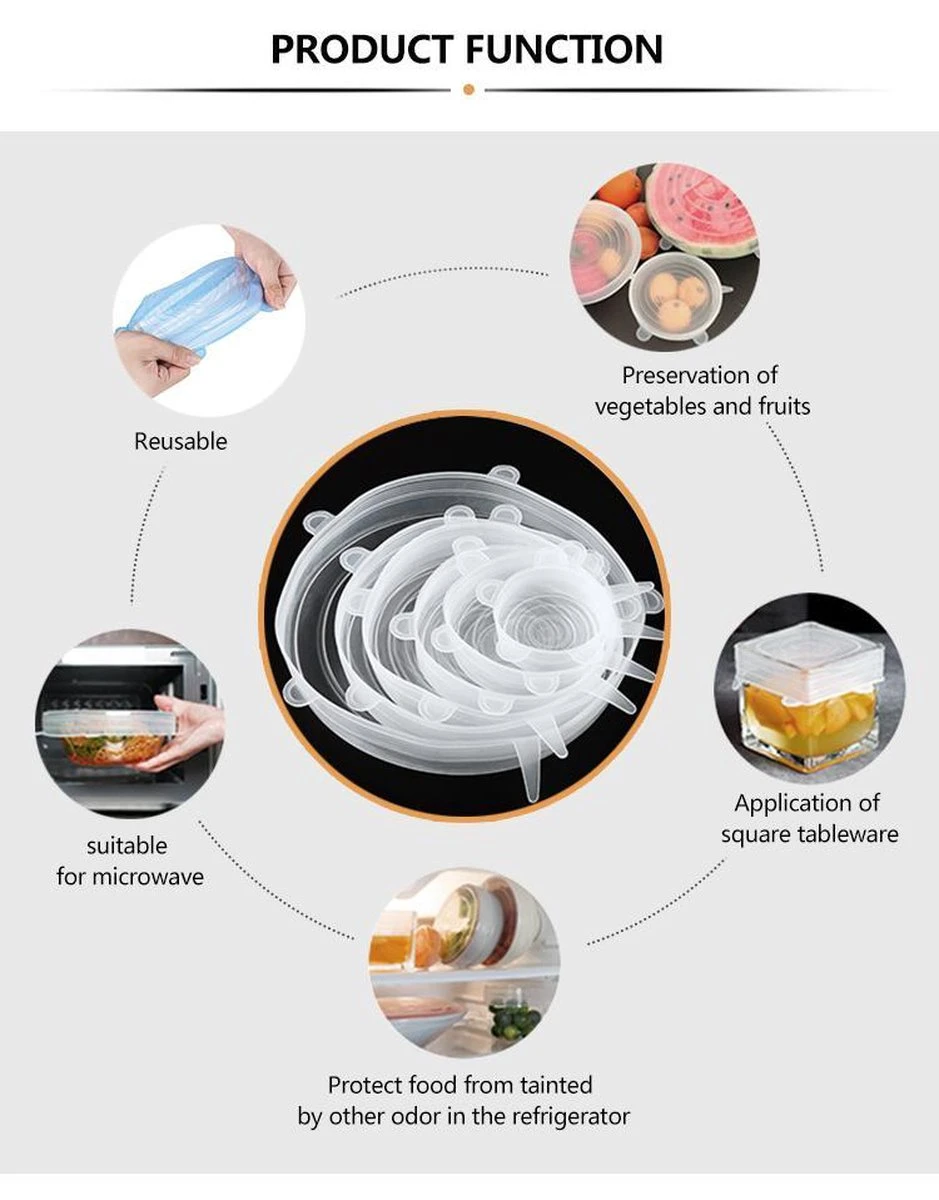 Siliconen Vershoud Deksels – Set Van 6 Stuks – Flexibel – Herbruikbaar – Wit - Stretch Tot Wel 30 Cm 6 Siliconen Vershoud Deksels – Set Van 6 Stuks – Flexibel – Herbruikbaar – Wit - Stretch Tot Wel 30 Cm - Afbeelding 4